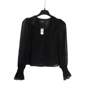 Express Black Blouse Top V-Neck Smocked Cuffs XS Velvet Polka Dots Mesh New